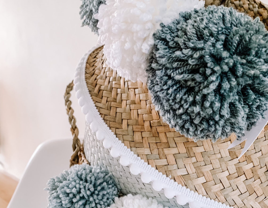 Pom Pom Basket Grey Seagrass Belly Basket With Poms Gift Etsy