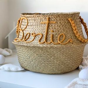 Extra Large XL natural Seagrass Belly Basket  with crochet handles to match personalised name in french mustard colour cotton cord