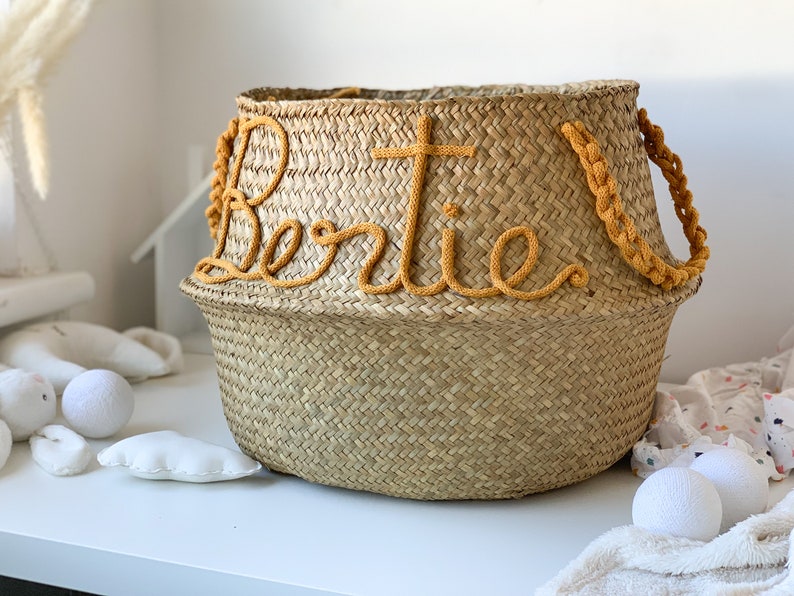Extra Large XL natural Seagrass Belly Basket  with crochet handles to match personalised name in french mustard colour cotton cord
