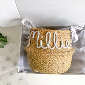 Seagrass Belly Basket natural with crochet handles to match personalised name in cotton cord