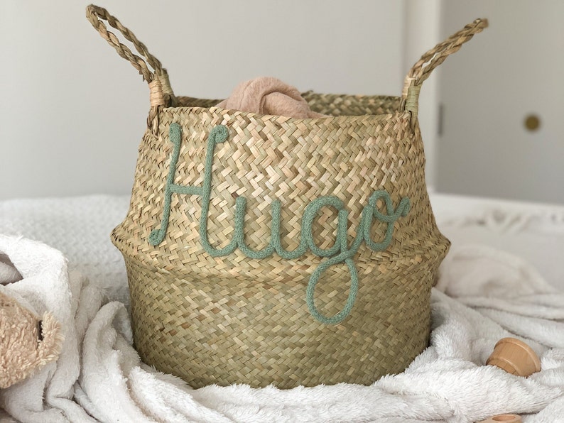 Personalized Belly Basket Personalised Baby Gift Kids Room Decor Custom Seagrass Basket Toy Storage Girls Room Organisation image 1