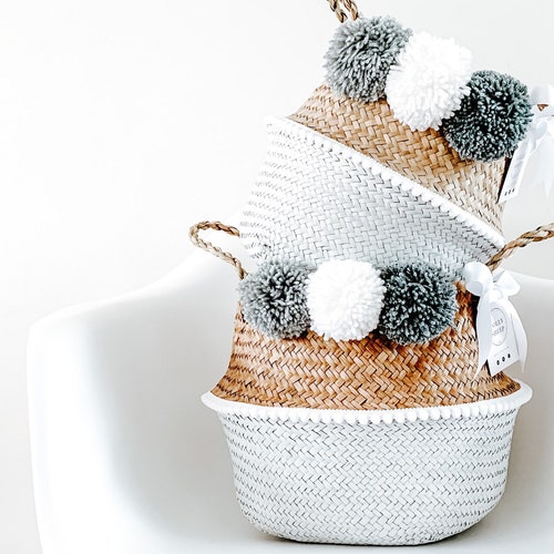 Pom Pom Basket Grey Seagrass Belly Basket With Poms Gift Etsy