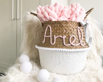 Nursery Storage Basket Dipped White - Kids Room Basket - Baby Name Seagrass Basket