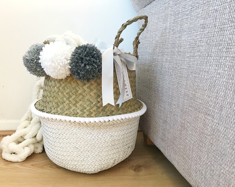 Pom pom basket grey Seagrass belly basket with poms Gift Etsy