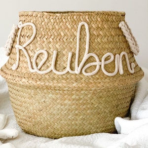 Personalised Nursery Basket with Cotton Handles Seagrass Basket Storage Belly Basket Baby Shower Gift Idea for Friend image 1