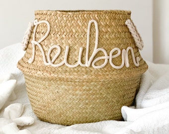 Personalised Nursery Basket with Cotton Handles - Seagrass Basket - Storage Belly Basket  - Baby Shower Gift Idea for Friend