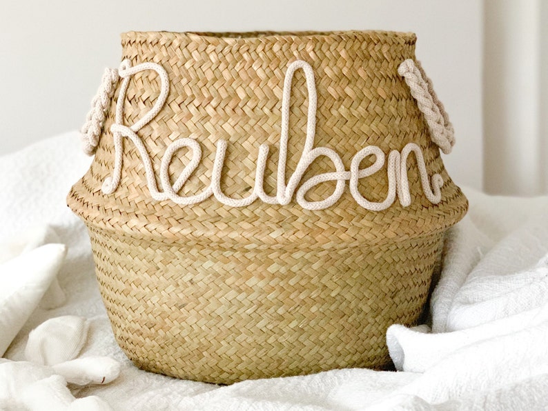 Personalised Nursery Basket with Cotton Handles Seagrass Basket Storage Belly Basket Baby Shower Gift Idea for Friend image 1