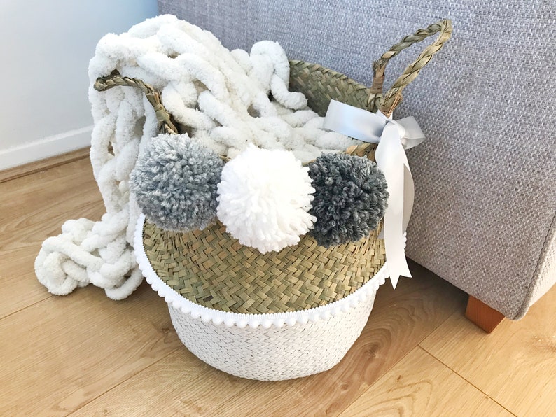 Pom pom basket grey Seagrass belly basket with poms Gift Etsy