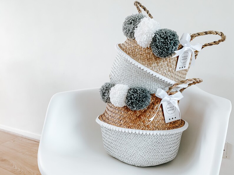 Pom Pom Basket Grey Seagrass Belly Basket With Poms Gift Etsy
