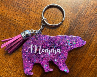 Custom mama bear glitter epoxy keychain