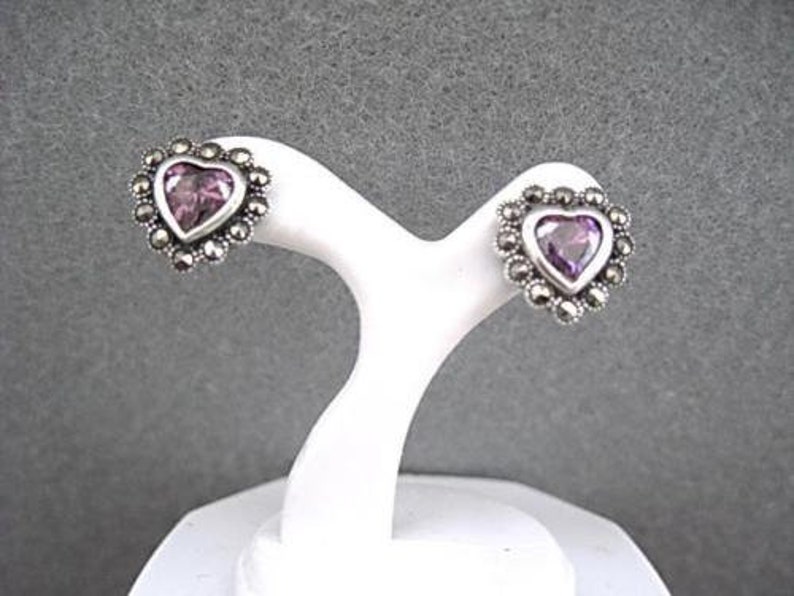 Romantic Silver Amethyst CZ /& Marcasite Heart Stud Earrings