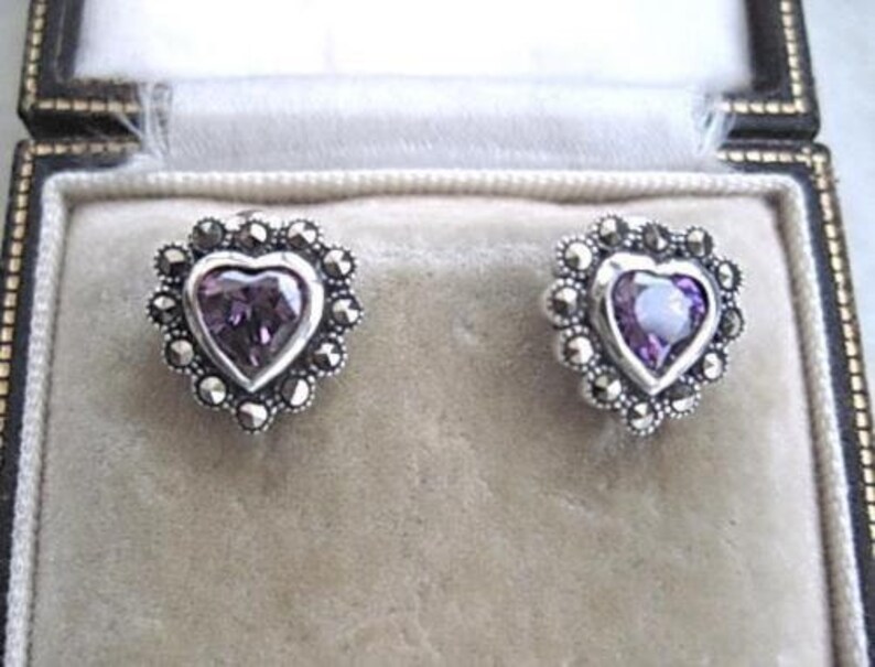 Romantic Silver Amethyst CZ /& Marcasite Heart Stud Earrings