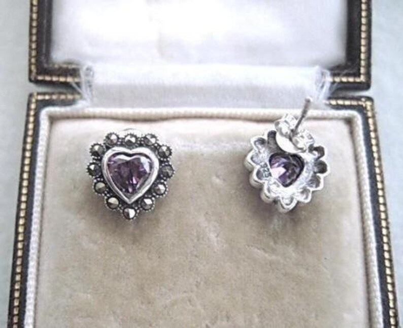 Romantic Silver Amethyst CZ /& Marcasite Heart Stud Earrings
