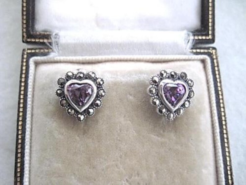 Romantic Silver Amethyst CZ /& Marcasite Heart Stud Earrings