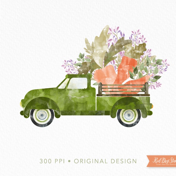 Easter PNG Clipart Image, Easter Truck png, Watercolor Easter, Pickup Truck with Carrots, Instant Download, Lavender Flowers, Single Image