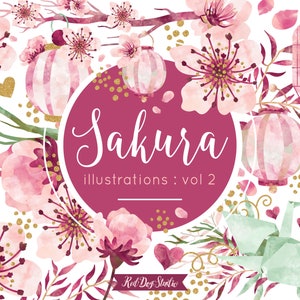 Cherry Blossom clipart, acquerello Cherry Blossom clip art graphics, Sakura, gru origami, lanterne, fiori rosa oro acquerello matrimonio