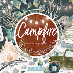 Clipart de camping, Acuarela Bosque Clip Art PNG Pinos Vegetación, Montañas Fogata, S'mores Acuarela Canoa senderismo Lago Png Acuarela