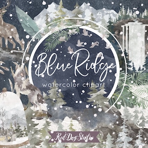 Watercolor Woodland Clipart, Watercolor Winter Christmas Mountain Clipart, Waterfall, Pine Tree Clip Art, Bear Deer Wolf, Winter Greenery