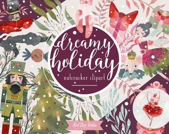 Watercolor Christmas Clipart Images, Watercolor Nutcracker Clip Art Winter Greenery, Ballerina, Holiday Watercolor Clipart, Snow Globe, Pine