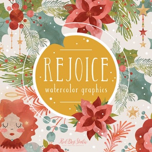Watercolor Christmas Clipart Images, Holiday Angels Winter Clip Art, Candy Cane, Winter Greenery Poinsettia Flowers, Holly Tree Ice Skating