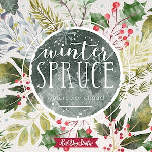 Winter Greenery Clipart, Watercolor Christmas Clipart, Pinecone, Holly Mistletoe, Winter Wreath, Pine Evergreen, Holiday Leaves Branch Berry