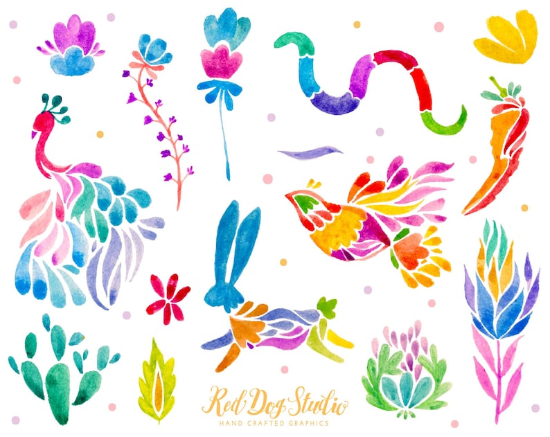 Mexican Party Colorful Fiesta Hand Painted Designs Desert Mexican Otomi Clipart Volume 2 Mexican Watercolor Floral Clip Art Otomi Animals