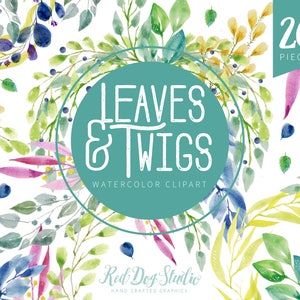 Leaves and Twigs Watercolor Illustration Set, Wedding Greenery Clipart, Floral Wedding Clipart, Watercolor Laurels Commercial Use