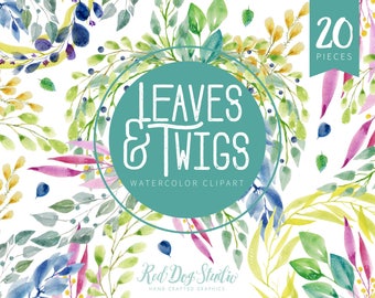 Leaves and Twigs Watercolor Illustration Set, Wedding Greenery Clipart, Floral Wedding Clipart, Watercolor Laurels Commercial Use