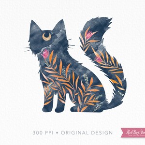 Watercolor Cat PNG Clipart Image, Watercolor Sublimation File, Witchy Familiar PNG, Moon Cat Illustration Digital Download, Commercial Use
