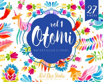 Mexican Otomi Clipart, Mexican Watercolor Floral Clip Art, Otomi Animals, Mexican Party Colorful Fiesta Hand Painted Designs, PNG