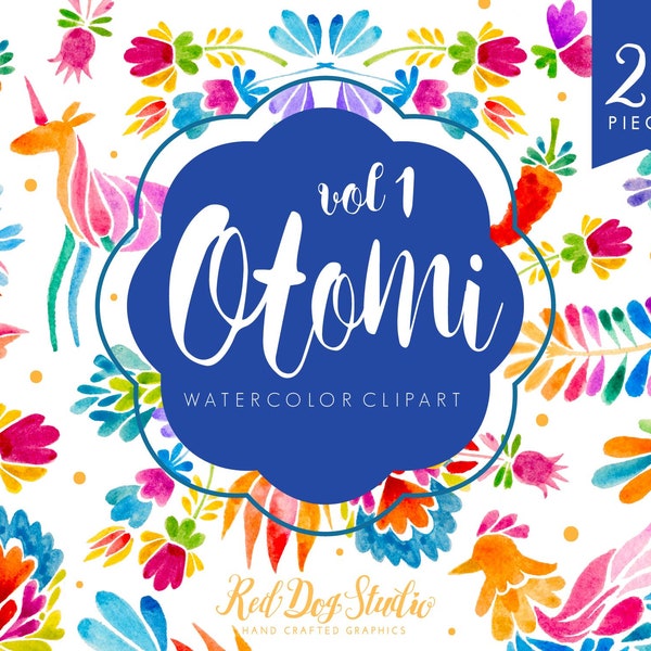 Mexican Otomi Clipart, Mexican Watercolor Floral Clip Art, Otomi Animals, Mexican Party Colorful Fiesta Hand Painted Designs, PNG