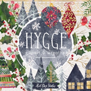 Hygge Clipart Ilustraciones, Acuarela Clip Art Instant Download, Nordic Winter Ornament Clipart Navidad Greenery Florals, Corona de vacaciones