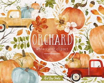 Autumn Pumpkin Clipart Illustrations, Watercolor Pumpkin Clip Art, Watercolor Truck, Truck with Pumpkins, Acorn, Watercolor Fall Wedding