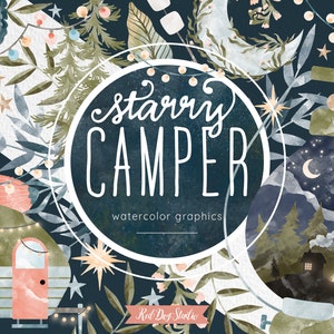 Camper Aquarell ClipArt PNG Camping Sommer Clipart String Lights S'mores Marshmallows Lagerfeuer Png Grafiken, Sternenzelt Wandern Blumen