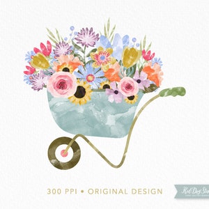 水彩画の花 PNG クリップアート画像、花がいっぱいの手押し車、春の水彩画 PNG 昇華ダウンロード、ひまわり、庭のクリップアート