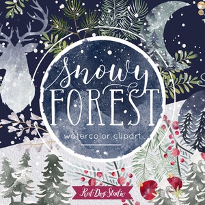 Snowy Winter Forest Clipart, Watercolor Pine Forest, Watercolor Greenery, Woodland Christmas Clip Art, Feuilles de baies de cerf, Manteau neigeux