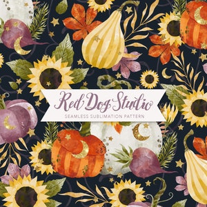 Fall Harvest Seamless Pattern for Sublimation, Country Sunflower Autumn Digital Paper,Squash Garden, Gold Glitter Moon JPG, Orange Pumpkins