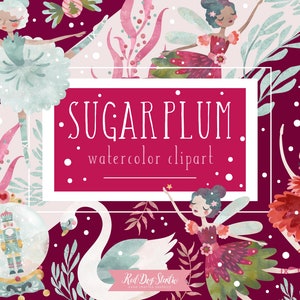 Sugar Plum Fairy Watercolor Clipart Quebra-nozes Ballet Clip Art Graphics, Bailarina de Natal, Sapatilhas de balé de cisne, globo de neve, enfeites de doces
