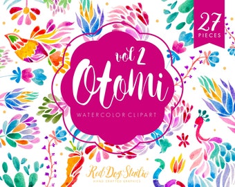 Mexican Otomi Clipart Volume 2, Mexican Watercolor Floral Clip Art, Otomi Animals, Mexican Party Colorful Fiesta Hand Painted Designs Desert