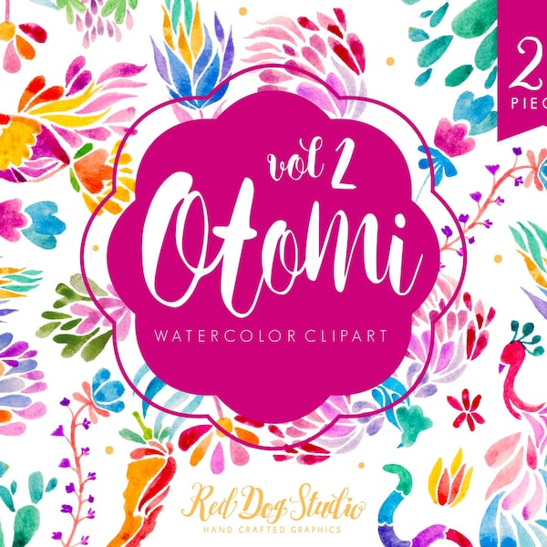 Mexican Otomi Clipart Volume 2, Mexican Watercolor Floral Clip Art, Otomi Animals, Mexican Party Colorful Fiesta Hand Painted Designs Desert