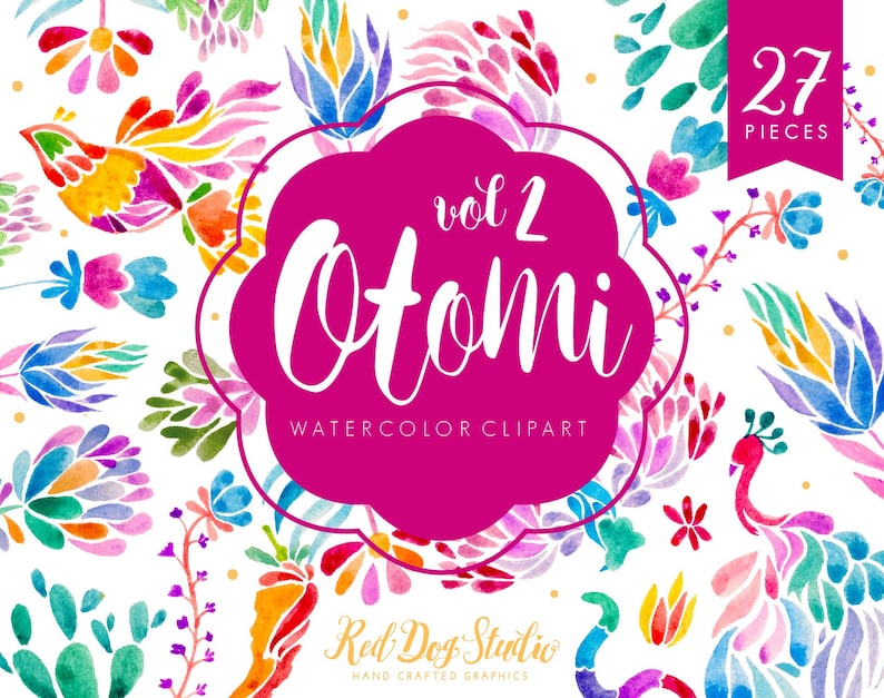 Mexican Party Colorful Fiesta Hand Painted Designs Desert Mexican Otomi Clipart Volume 2 Mexican Watercolor Floral Clip Art Otomi Animals