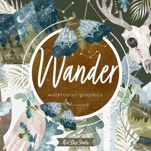 Aquarell Wildnis Outdoor Stellkunst PNG Instant Download Camping ClipArt, Karte Motte Hirsch Schädel Laterne Aquarell Wald Kiefern Camp