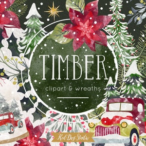 Rustic Christmas Truck Clipart, Watercolor Christmas Clip Art, Poinsettia Pine Trees, Snow Covered Pine Clipart, Farm Christmas Greenery