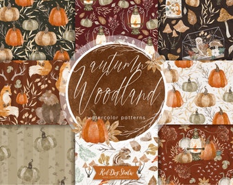 Woodland Autumn Seamless Patterns, Watercolor Pumpkin Digital Paper Pack Download Fox Bear Patterns, Woods Owl Pumpkin Patterns JPG, Lantern