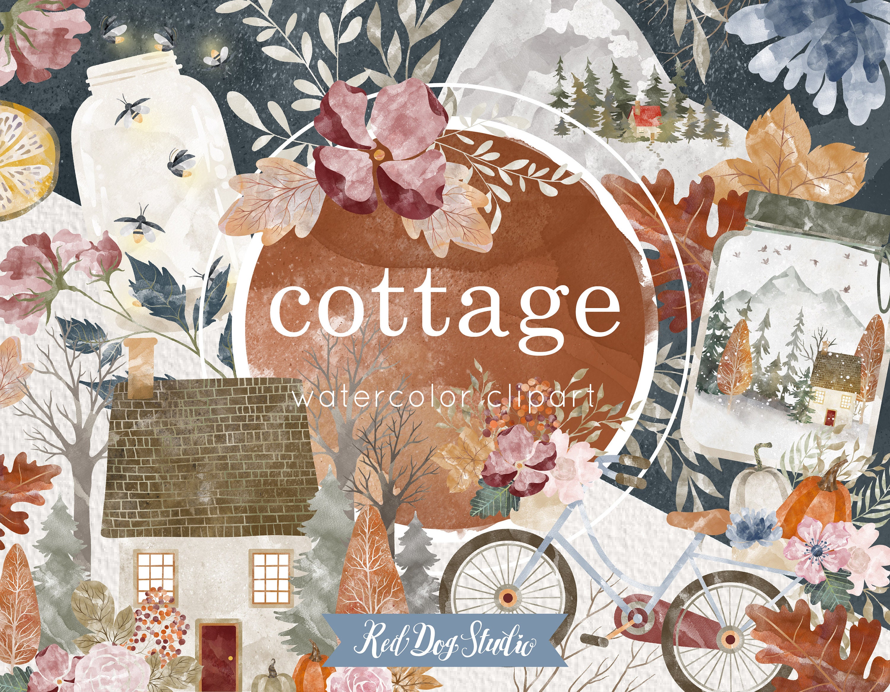 Farmhouse Clipart, Watercolor Clipart, Watercolor Cottage, Watercolor Mountain Clip Art Autumn Cozy Clipart, Hygge Clipart, Firefly Trees