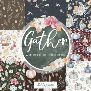 Watercolor Autumn Digital Paper Pack, Seamless Patterns, Pastel Fall Pumpkin Printable Papers, Blue Pumpkin, Thanksgiving Patterns, Rustic