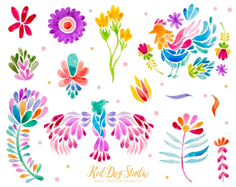 Mexican Party Colorful Fiesta Hand Painted Designs Desert Mexican Otomi Clipart Volume 2 Mexican Watercolor Floral Clip Art Otomi Animals