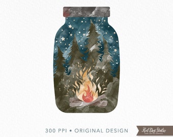 Camping Scene PNG Jar Image, Mason Jar Clipart, Starry Camping, Campfire Png, Campfire Clipart Image, Watercolor Wilderness, Forest Trees