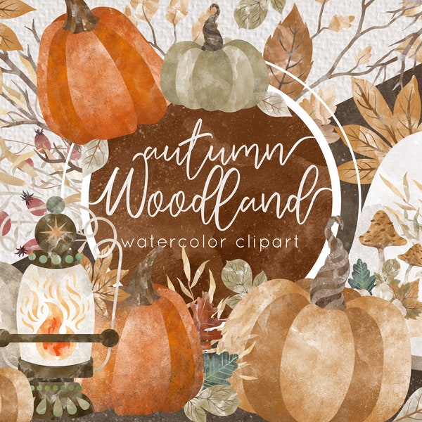 Watercolor Autumn Clipart, Watercolor Pumpkin Thanksgiving Clipart, Watercolor Woodland Clipart, Fall Woodland Halloween, Fox Bear Owl PNG