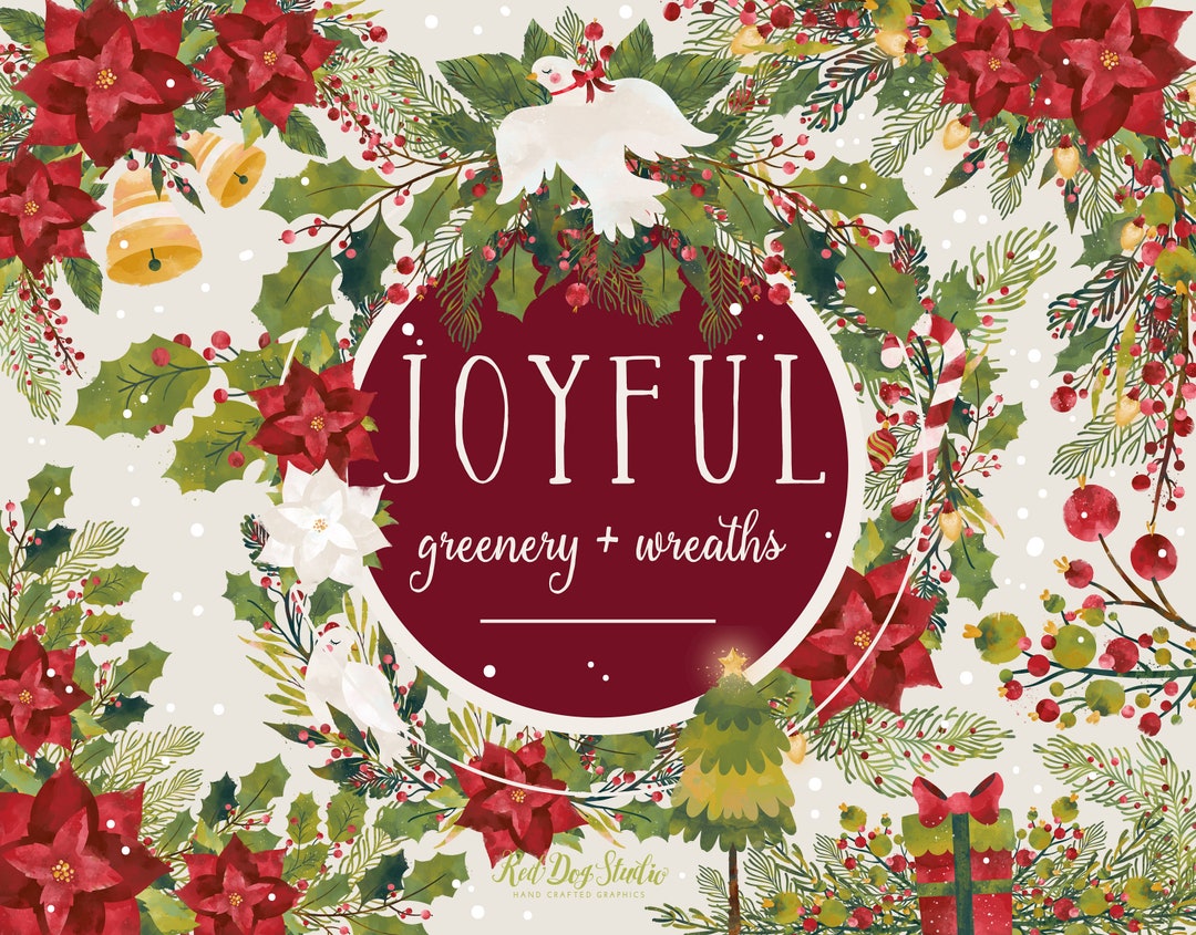 Christmas Greenery Watercolor Clipart, Christmas Wreath Clip Art